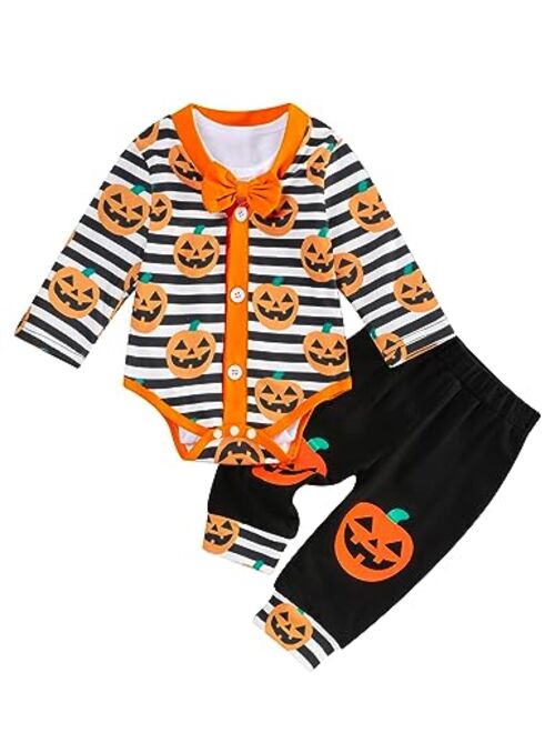 RCPATERN My First Halloween Baby Boy Outfit Pumpkin Coat Bow Tie Romper and Striped Pants Infant Halloween Clothes Sets