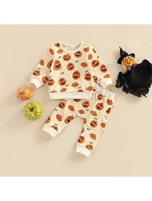 Covvoliy Infant Toddler Baby Boy Halloween Outfits Pumpkin Sweatshirt Top Sweatsuit Pants Set Newborn Halloween Fall Clothes