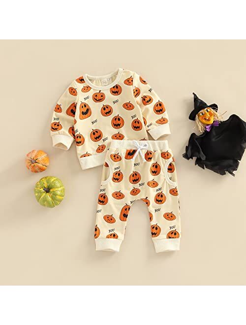 Covvoliy Infant Toddler Baby Boy Halloween Outfits Pumpkin Sweatshirt Top Sweatsuit Pants Set Newborn Halloween Fall Clothes