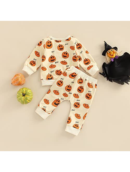 Covvoliy Infant Toddler Baby Boy Halloween Outfits Pumpkin Sweatshirt Top Sweatsuit Pants Set Newborn Halloween Fall Clothes