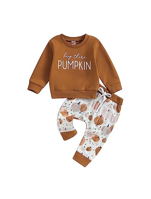 Covvoliy Infant Toddler Baby Boy Halloween Outfits Pumpkin Sweatshirt Top Sweatsuit Pants Set Newborn Halloween Fall Clothes