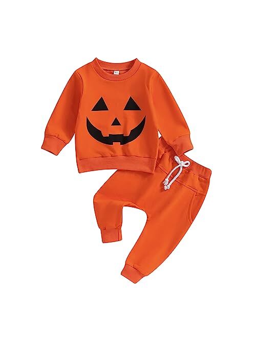 Covvoliy Infant Toddler Baby Boy Halloween Outfits Pumpkin Sweatshirt Top Sweatsuit Pants Set Newborn Halloween Fall Clothes