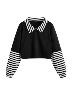 Women's Long Sleeve Crop Top Plaid Print Collar Neck Tee Shirt