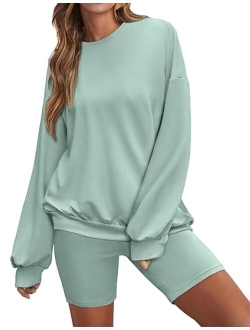 Lounge Set Women's 2 Pieces Outfits Oversized Long Sleeve Sweatshirts Biker Shorts Sweatsuits