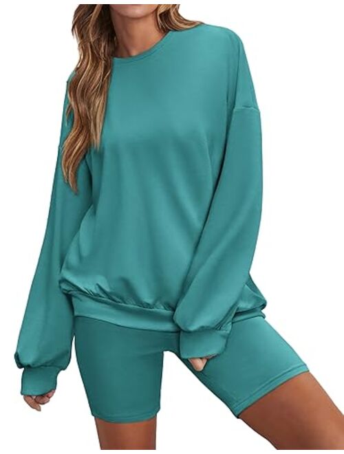 Ekouaer Lounge Set Women's 2 Pieces Outfits Oversized Long Sleeve Sweatshirts Biker Shorts Sweatsuits