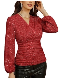 Sequin Ruffle Tops for Women Short Sleeve Dressy Sparkly Tops Ruched Wrap Blouse Party Club Cocktail Shirt