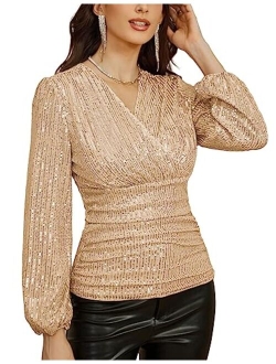 Sequin Ruffle Tops for Women Short Sleeve Dressy Sparkly Tops Ruched Wrap Blouse Party Club Cocktail Shirt