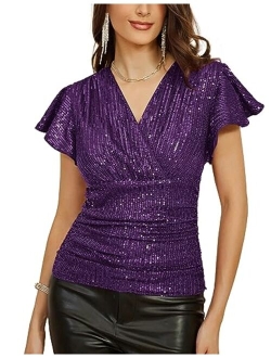 Sequin Ruffle Tops for Women Short Sleeve Dressy Sparkly Tops Ruched Wrap Blouse Party Club Cocktail Shirt