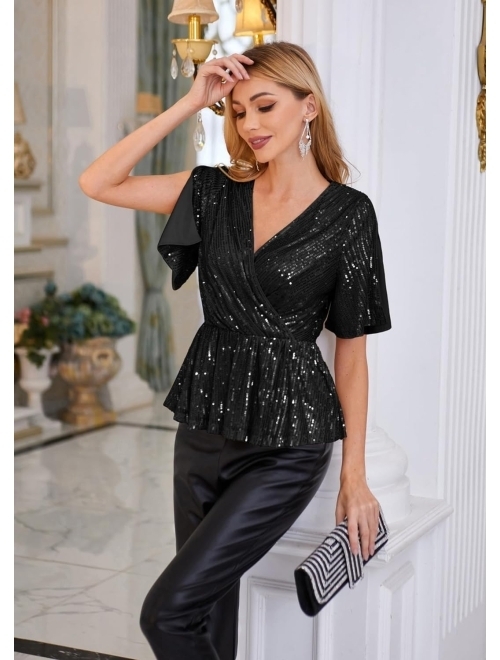 GRACE KARIN Sequin Ruffle Tops for Women Short Sleeve Dressy Sparkly Tops Ruched Wrap Blouse Party Club Cocktail Shirt