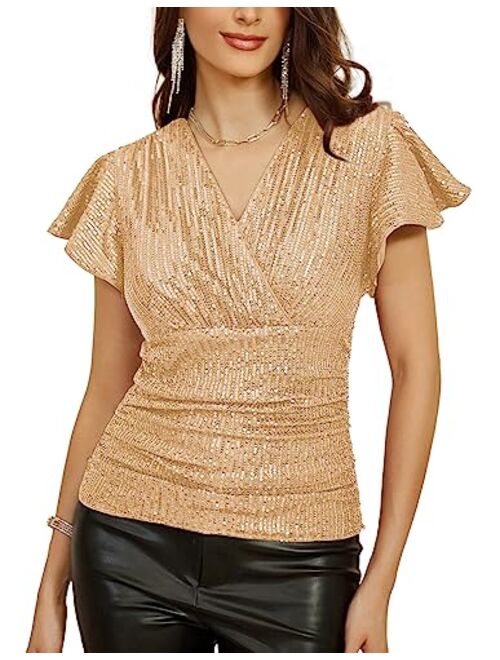 GRACE KARIN Sequin Ruffle Tops for Women Short Sleeve Dressy Sparkly Tops Ruched Wrap Blouse Party Club Cocktail Shirt