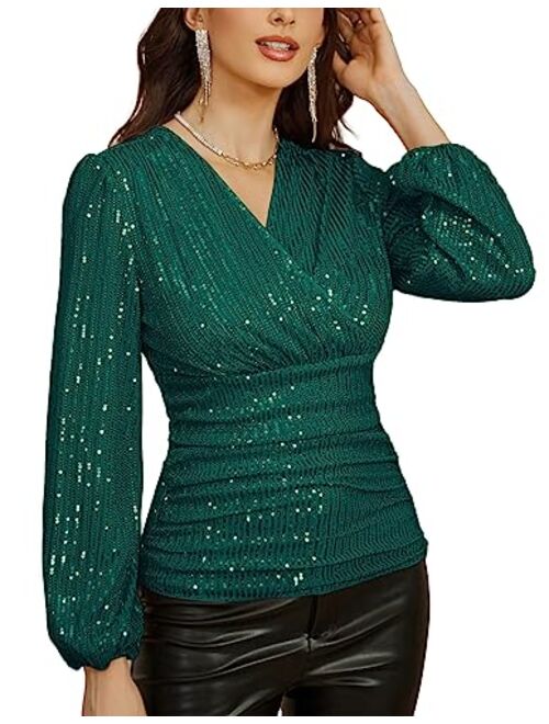 GRACE KARIN Sequin Ruffle Tops for Women Short Sleeve Dressy Sparkly Tops Ruched Wrap Blouse Party Club Cocktail Shirt