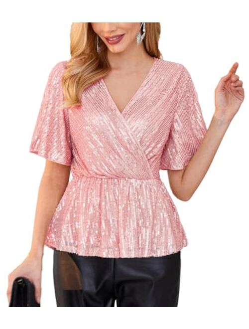 GRACE KARIN Sequin Ruffle Tops for Women Short Sleeve Dressy Sparkly Tops Ruched Wrap Blouse Party Club Cocktail Shirt