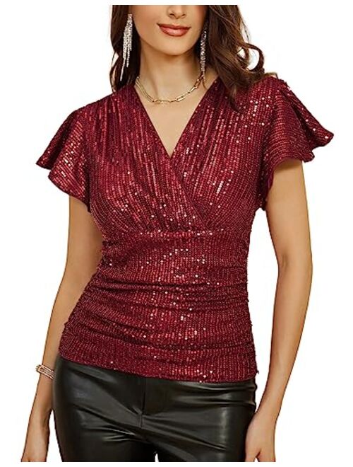 GRACE KARIN Sequin Ruffle Tops for Women Short Sleeve Dressy Sparkly Tops Ruched Wrap Blouse Party Club Cocktail Shirt