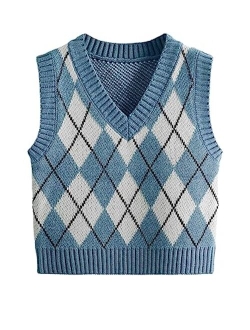 Women's Plaid Geo Sleeveless V Neck Knit Crop Top Sweater Vest