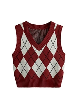 Women's Plaid Geo Sleeveless V Neck Knit Crop Top Sweater Vest