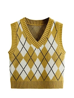 Women's Plaid Geo Sleeveless V Neck Knit Crop Top Sweater Vest