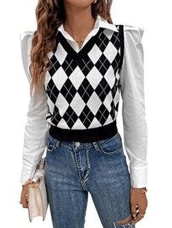 Women's Plaid Geo Sleeveless V Neck Knit Crop Top Sweater Vest