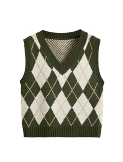 Women's Plaid Geo Sleeveless V Neck Knit Crop Top Sweater Vest