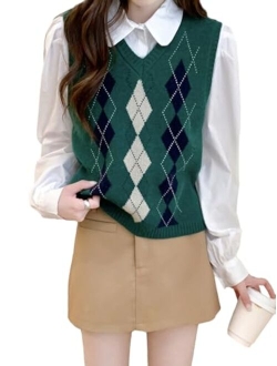 Women's Plaid Geo Sleeveless V Neck Knit Crop Top Sweater Vest