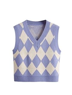 Women's Plaid Geo Sleeveless V Neck Knit Crop Top Sweater Vest