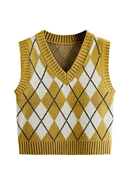 SweatyRocks Women's Plaid Geo Sleeveless V Neck Knit Crop Top Sweater Vest