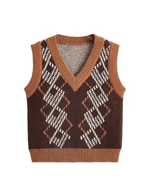 SweatyRocks Women's Plaid Geo Sleeveless V Neck Knit Crop Top Sweater Vest