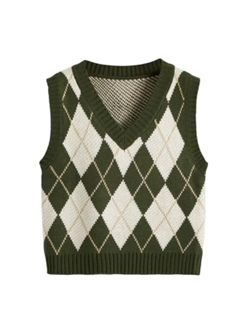 SweatyRocks Women's Plaid Geo Sleeveless V Neck Knit Crop Top Sweater Vest