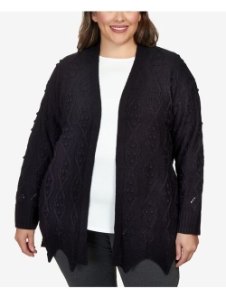 Plus Size Solid Textured Zigzag Hem Open Cardigan Sweater