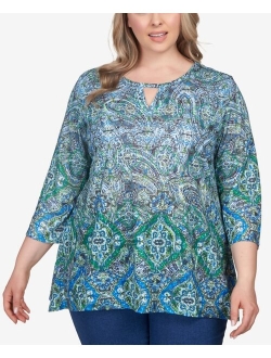 Plus Size Keyhole Medallion Paisley Border Jersey Top