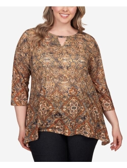 Plus Size Keyhole Medallion Paisley Border Jersey Top