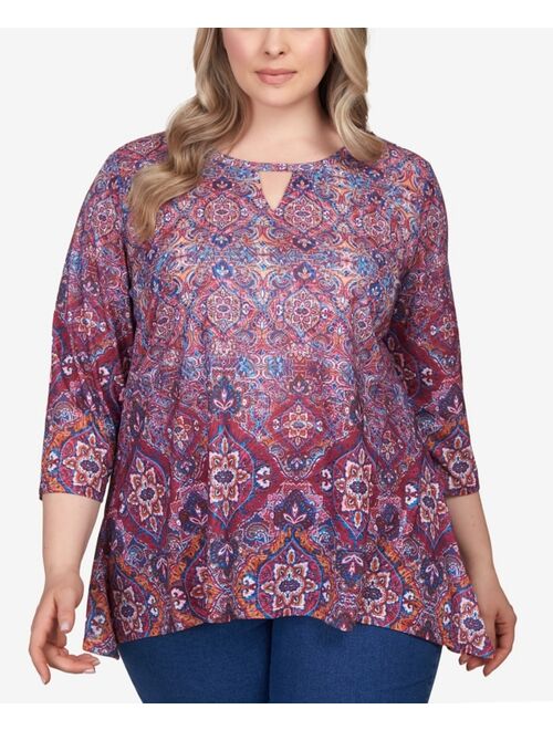 RUBY RD. Plus Size Keyhole Medallion Paisley Border Jersey Top