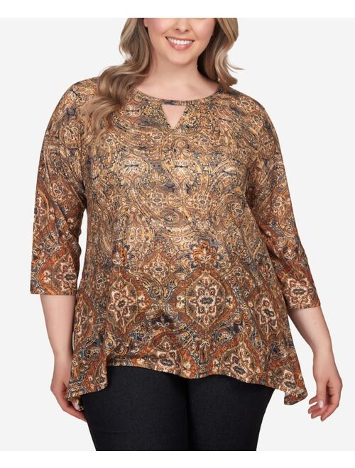 RUBY RD. Plus Size Keyhole Medallion Paisley Border Jersey Top