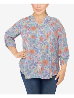 Plus Size Silky Gauze Printed Button Front Top