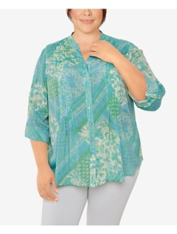 Plus Size Silky Gauze Printed Button Front Top