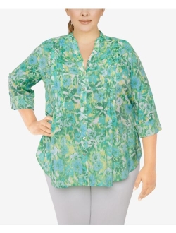 Plus Size Silky Gauze Printed Button Front Top