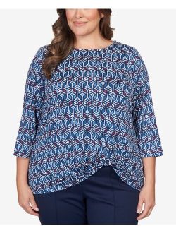 Plus Size Geometric Puff Print Twisted Top