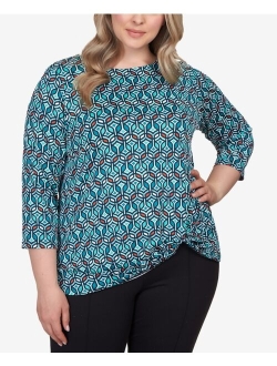 Plus Size Geometric Puff Print Twisted Top