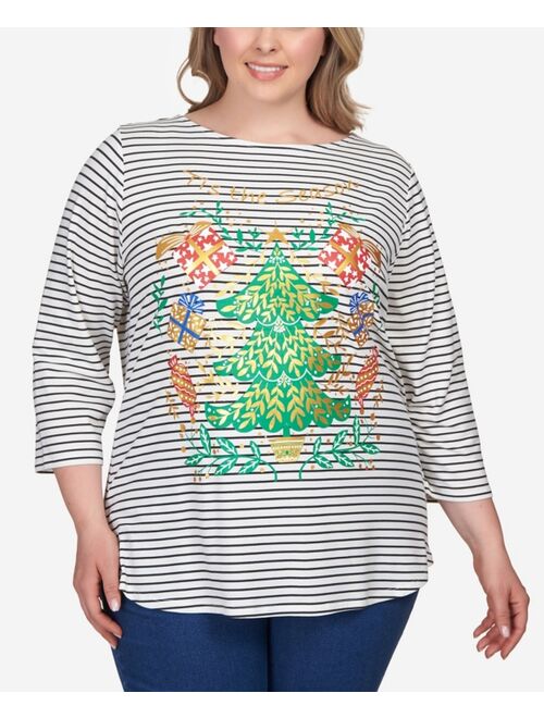 RUBY RD. Plus Size Shiny Christmas Tree Striped Three-Quarter Sleeve T-shirt