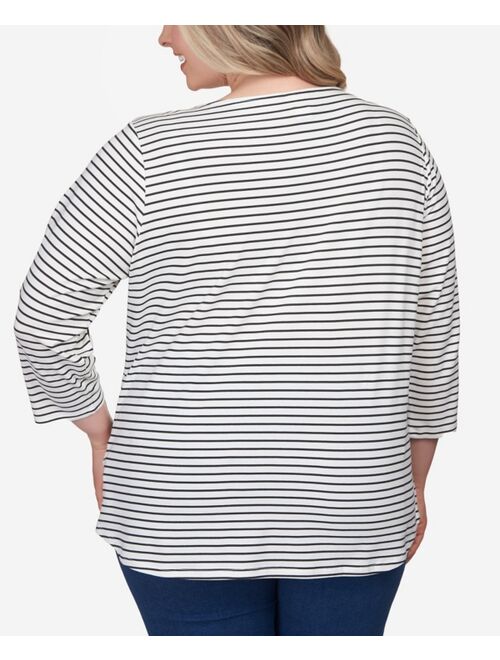 RUBY RD. Plus Size Shiny Christmas Tree Striped Three-Quarter Sleeve T-shirt