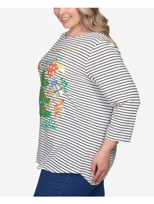 RUBY RD. Plus Size Shiny Christmas Tree Striped Three-Quarter Sleeve T-shirt