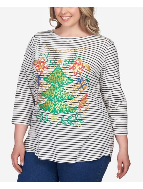 RUBY RD. Plus Size Shiny Christmas Tree Striped Three-Quarter Sleeve T-shirt