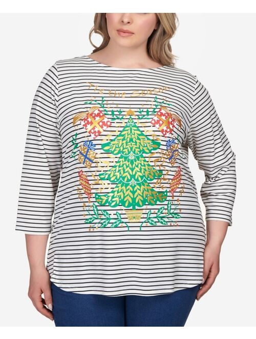 RUBY RD. Plus Size Shiny Christmas Tree Striped Three-Quarter Sleeve T-shirt