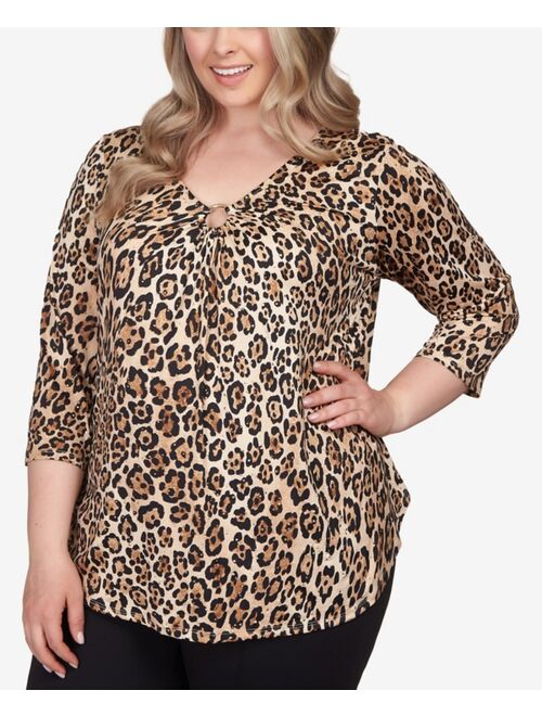 RUBY RD. Plus Size Cheetah O-Ring Dew Drop Accent Top