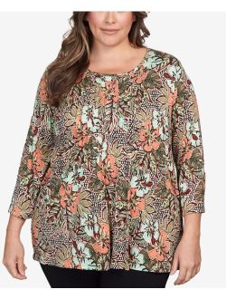 Plus Size Flowy Stretch Hibiscus Palms Tunic Top