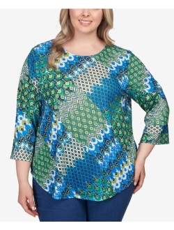 Plus Size Mixed Bohemian Geo Patchwork Top with Bell Sleeves