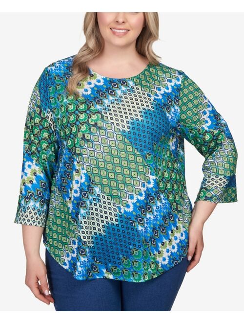 RUBY RD. Plus Size Mixed Bohemian Geo Patchwork Top with Bell Sleeves