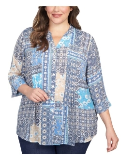 Plus Size Paisley Patchwork Print Button Front Top