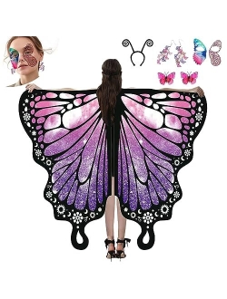 YOLAAH Butterfly Wings Costume for Women Girls, Halloween Fairy Wings Cape for Adult with Butterfly Diamond face Stickers