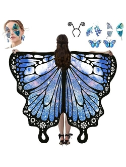 YOLAAH Butterfly Wings Costume for Women Girls, Halloween Fairy Wings Cape for Adult with Butterfly Diamond face Stickers