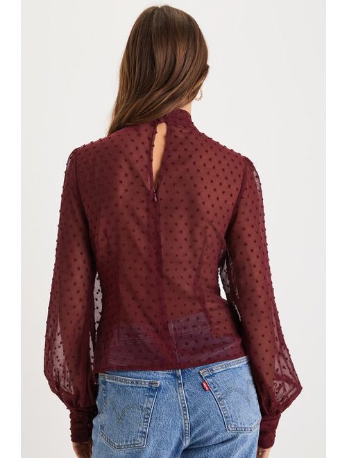 Lulus Sophisticated Fashion Burgundy Swiss Dot Tie-Neck Top